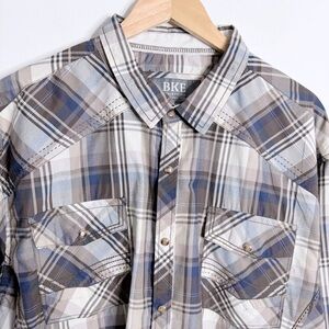 Buckle BKE Mens XXL Athletic Fit Snap Button Front Brown Plaid Long Sleeve Shirt